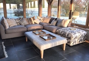 Hambledon Corner Sofa in Fisher Mushroom and Porthallow footstool in Colfax Wool Prints