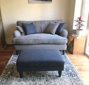 Alwinton Snuggler & Small Footstool in Ashfield Witton Dark Navy