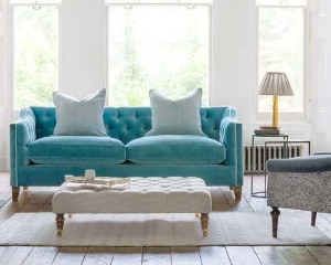 Haresfield 3 seater sofa in Omega Velvet Airforce Blue and piping in Portland Velvet Vellum