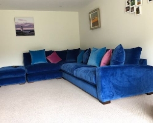 Stockbridge Corner Sofa in Omega Azure with Contrasting Scatters