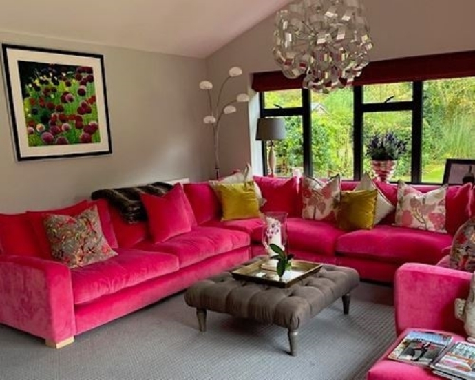 Customer Image: Stockbridge Corner sofa and Footstool in LInwood Omega Folly with Contrasting Scatters