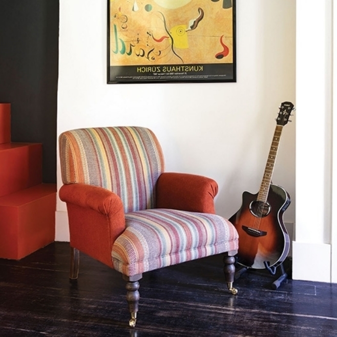 As Seen in Our Brochure: Midhurst Chair in Soho Burnt Orange & Mulberry Rustic Stripe Red Plum