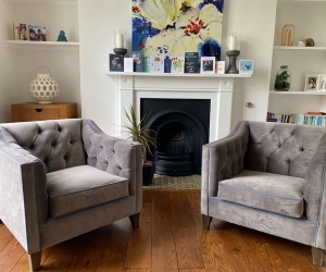 Haresfield Chairs in Linwood Omega Velvet Mushroom with Contrasting Pipping