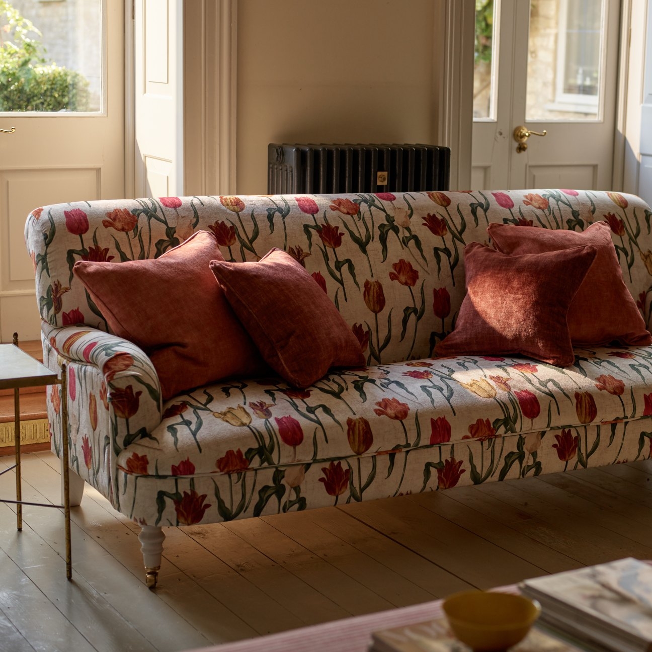Holmfirth 3 Seater Sofa in RHS Collection on Velvet Pieter van Kouwenhoorn Tulips with scatters in Almost Plain Velvet Maple and Brick